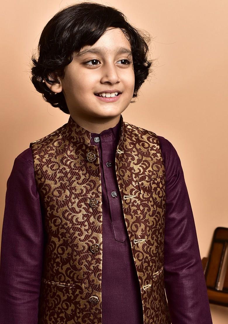 Burgundy Embroidered Blended Nehru Jacket Set For Boys - Indya