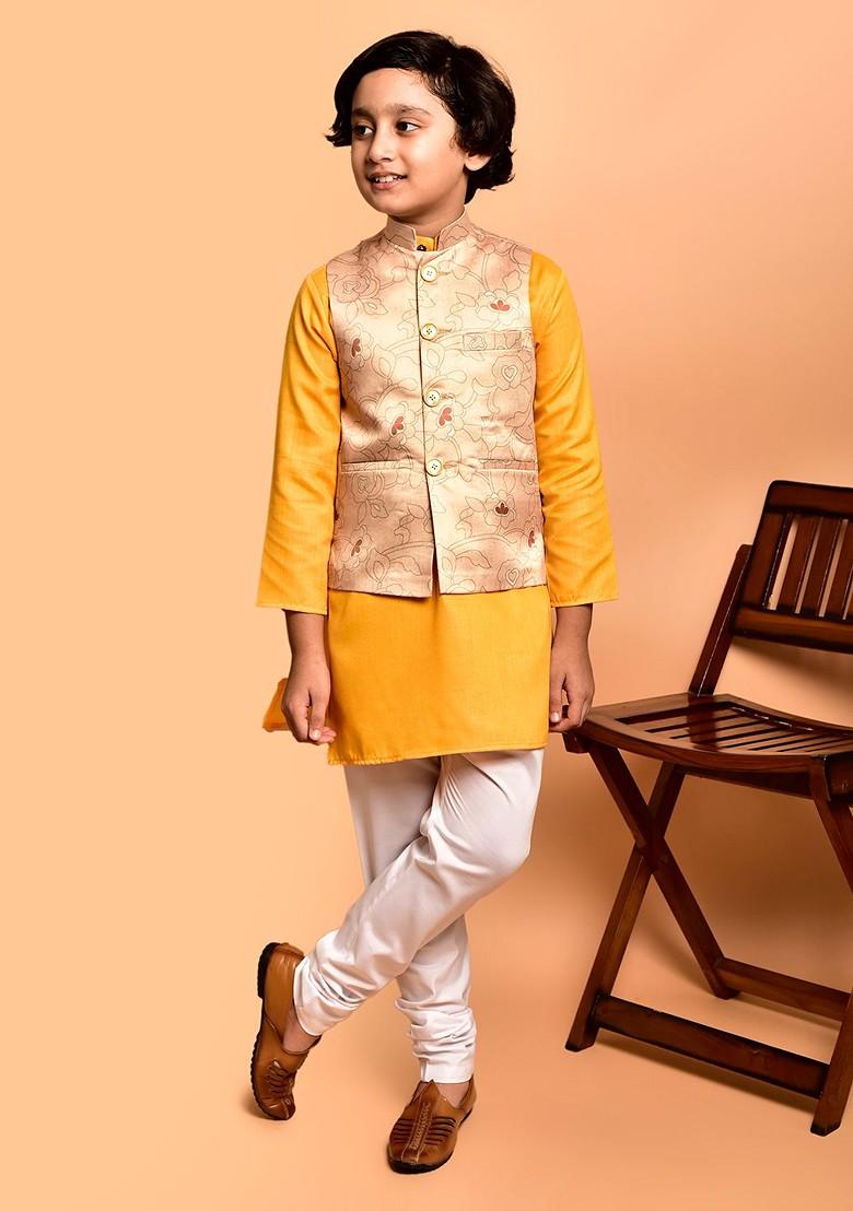 Yellow Embroidered Blended Nehru Jacket Set For Boys - Indya