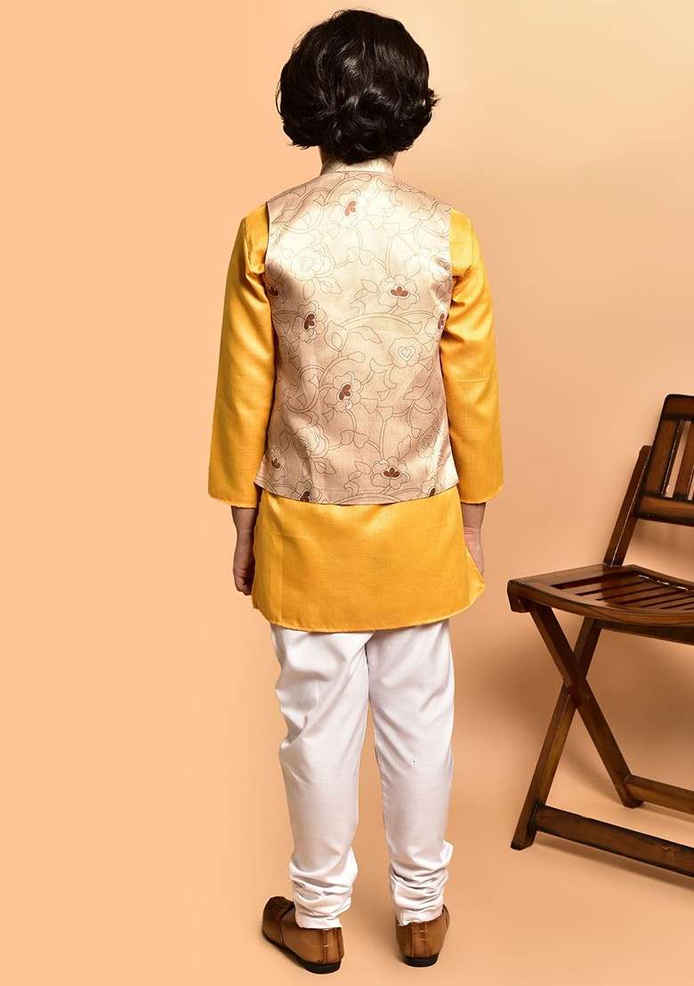 Yellow Embroidered Blended Nehru Jacket Set For Boys - Indya