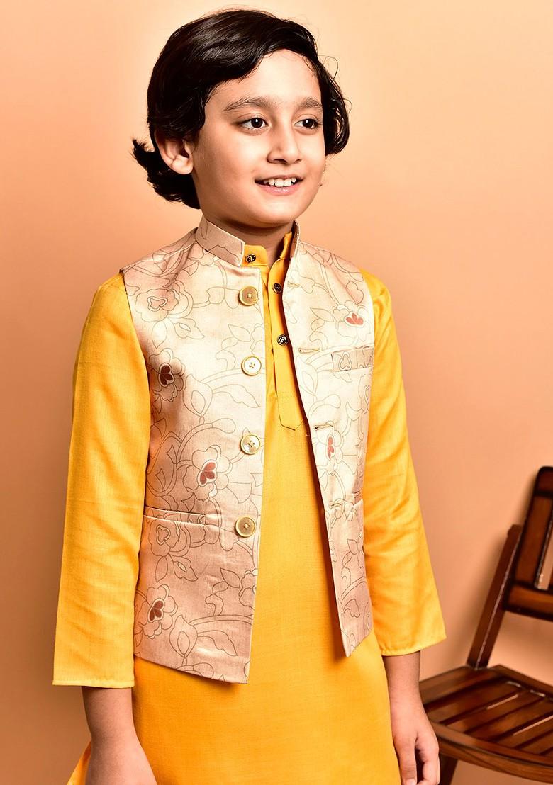 Yellow Embroidered Blended Nehru Jacket Set For Boys - Indya