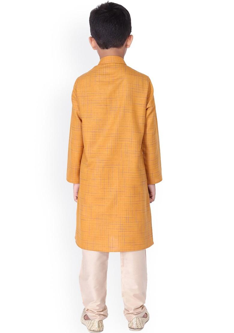 Yellow Woven Design Blended Kurta Set For Boys - Indya