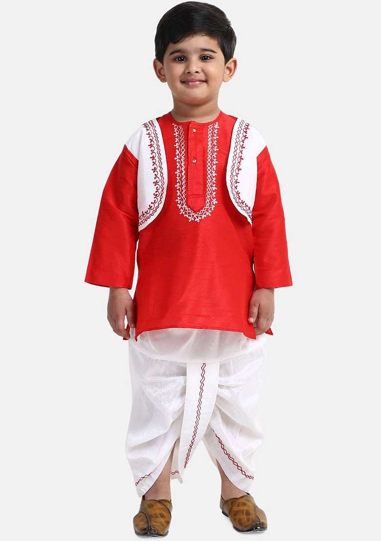 Red Embroidered Cotton Kurta Dhoti Set For Boys - Indya