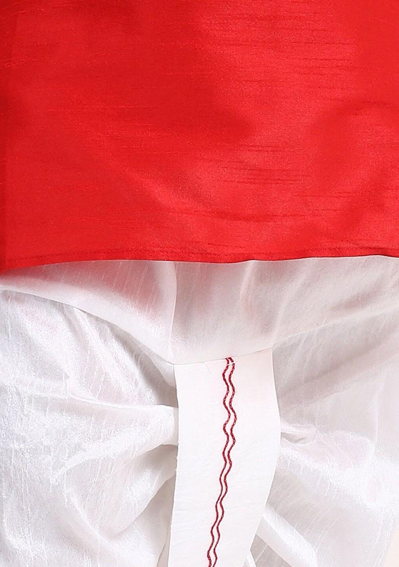 Red Embroidered Cotton Kurta Dhoti Set For Boys - Indya