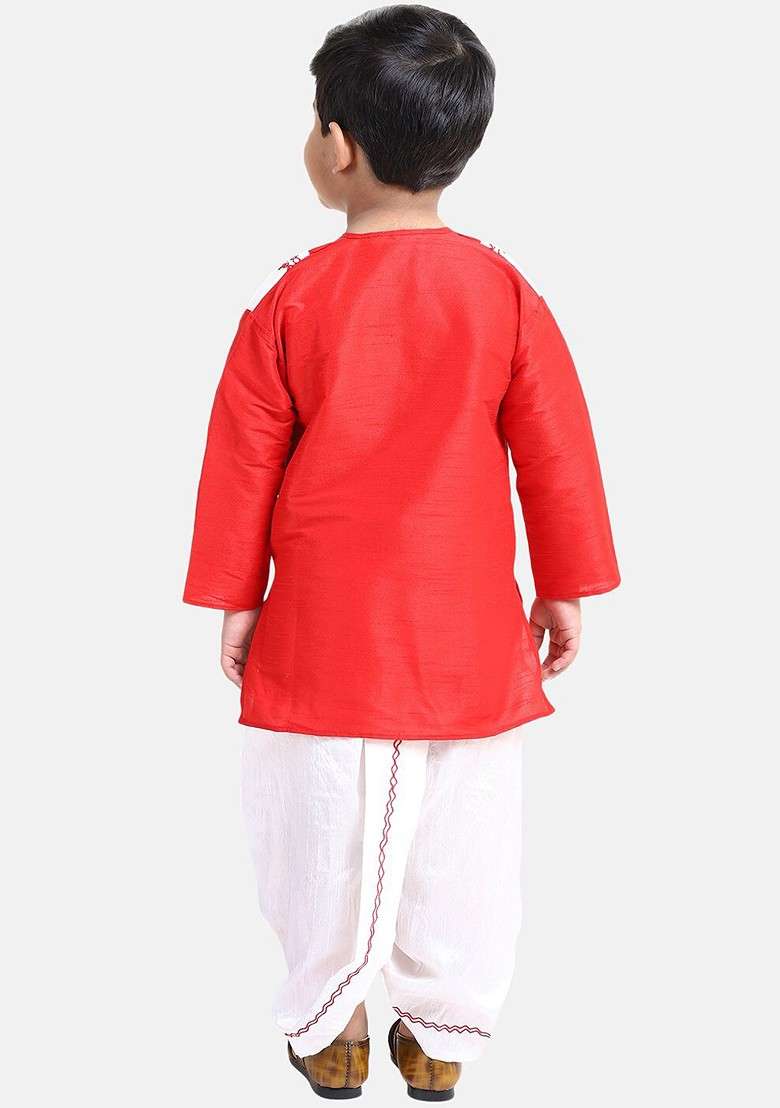Red Embroidered Cotton Kurta Dhoti Set For Boys - Indya