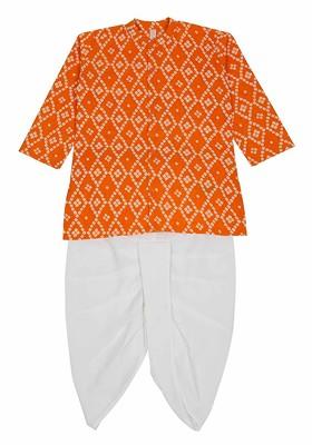 Orange Printed Cotton Kurta Dhoti Set For Boys