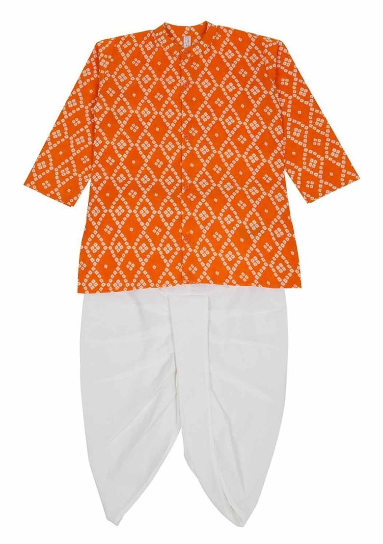 Orange Printed Cotton Kurta Dhoti Set For Boys - Indya