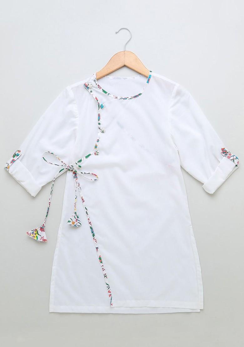 White Embroidered Cotton Kurta Set For Boys - Indya