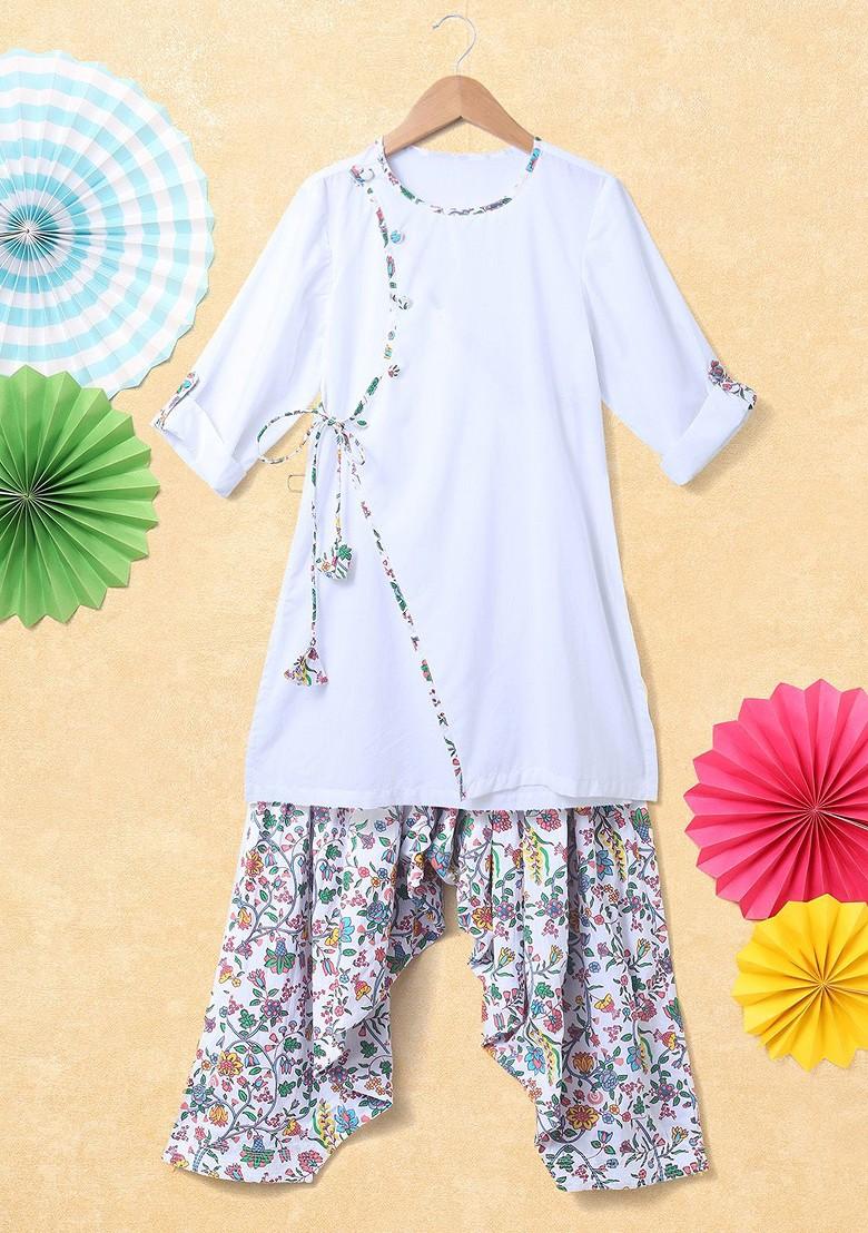 White Embroidered Cotton Kurta Set For Boys - Indya