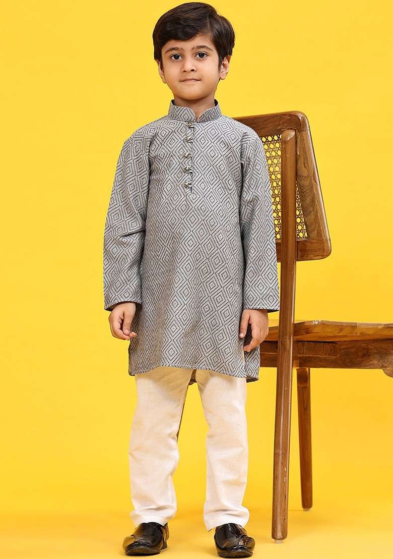Grey Woven Design Blended Kurta Set For Boys - Indya