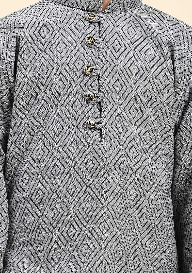 Grey Woven Design Blended Kurta Set For Boys - Indya