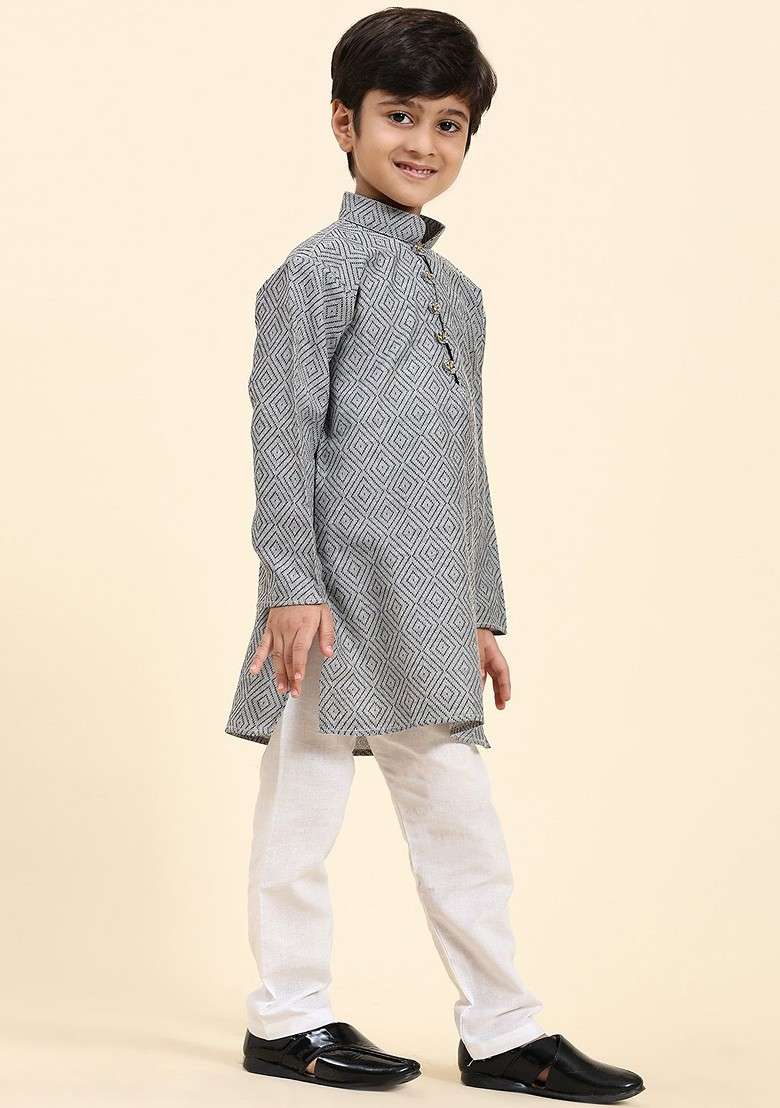 Grey Woven Design Blended Kurta Set For Boys - Indya