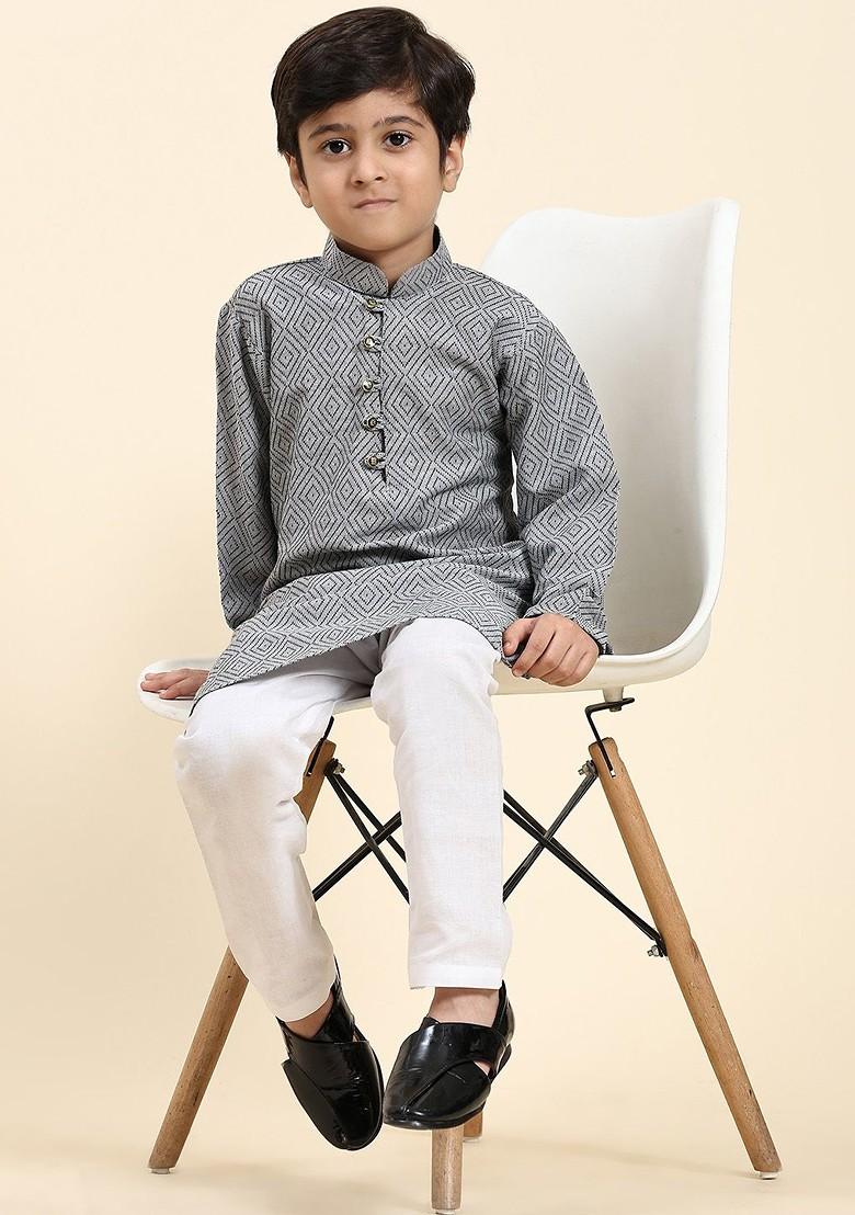 Grey Woven Design Blended Kurta Set For Boys - Indya