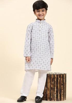 White Printed Blended Kurta Set For Boys
