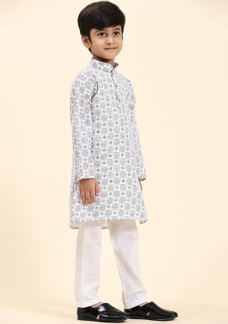 White Printed Blended Kurta Set For Boys - Indya