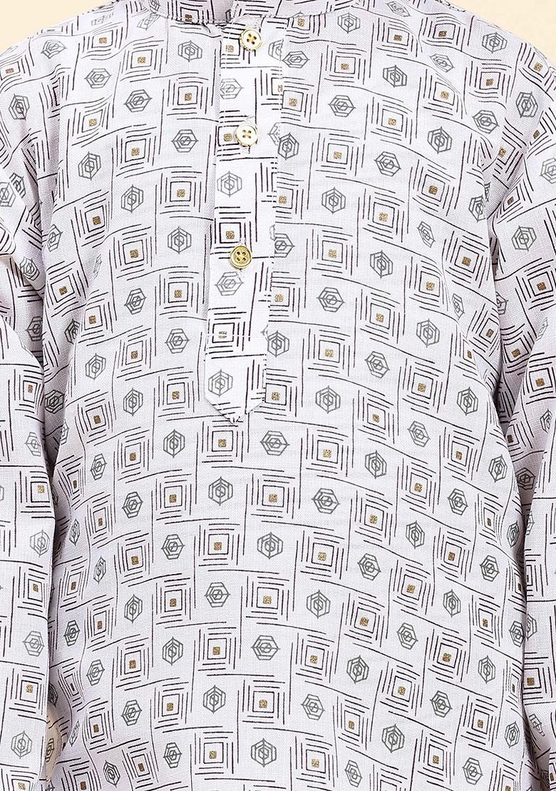 White Printed Blended Kurta Set For Boys - Indya