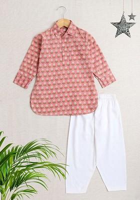 Peach Printed Cotton Kurta Set For Boys
