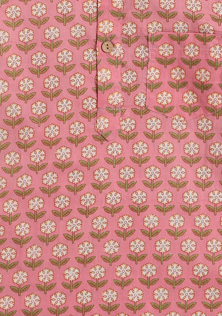 Peach Printed Cotton Kurta Set For Boys - Indya