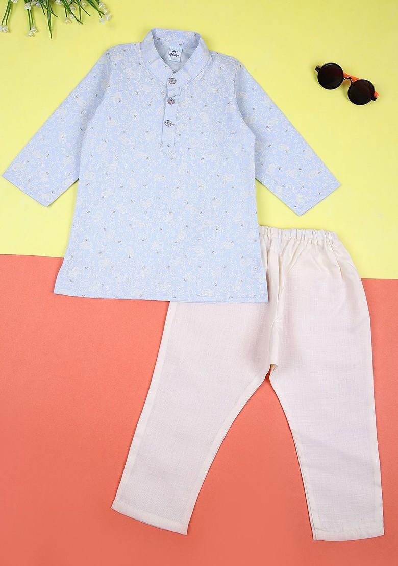 Blue Printed Cotton Kurta Set For Boys - Indya