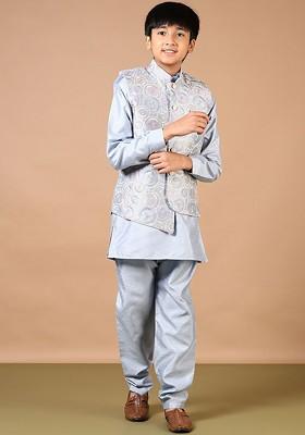 Blue Embroidered Blended Nehru Jacket Set For Boys