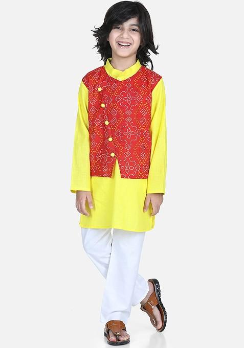 Red Embroidered Cotton Nehru Jacket Set For Boys