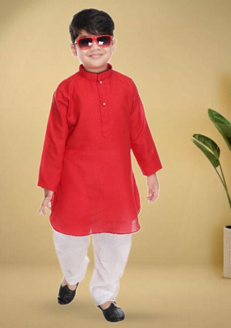 Red Embroidered Cotton Kurta Set For Boys - Indya