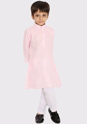 Pink Embroidered Blended Kurta Set For Boys