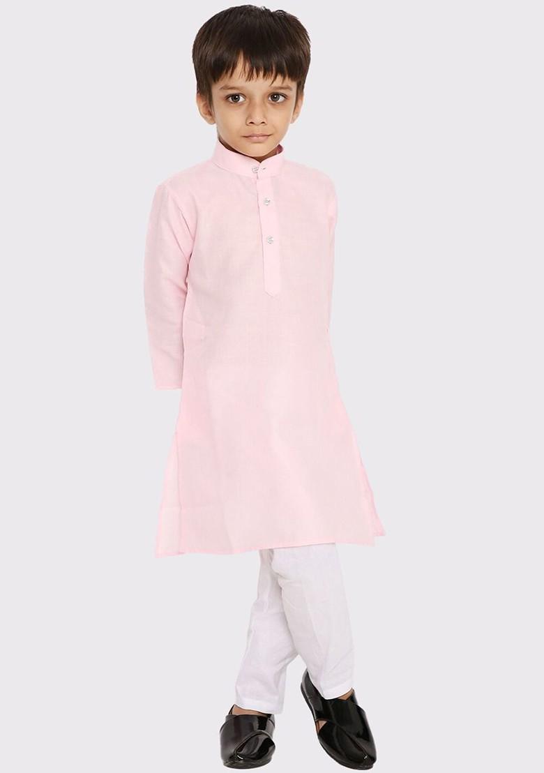 Pink Embroidered Blended Kurta Set For Boys - Indya