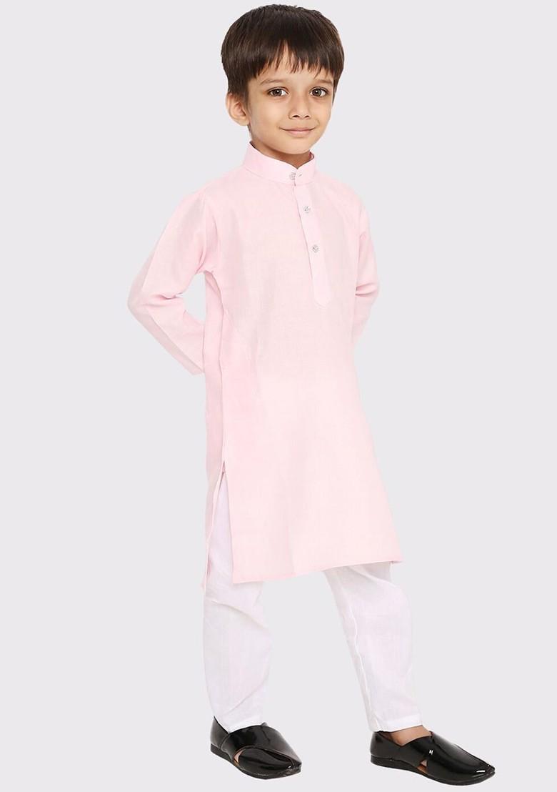 Pink Embroidered Blended Kurta Set For Boys - Indya