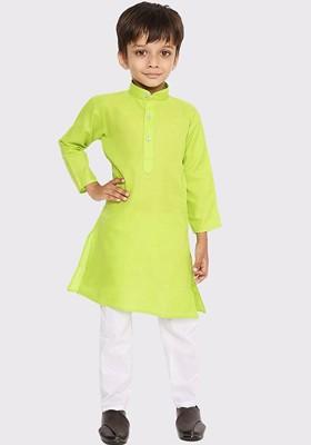 Fluorescent Green Embroidered Blended Kurta Set For Boys