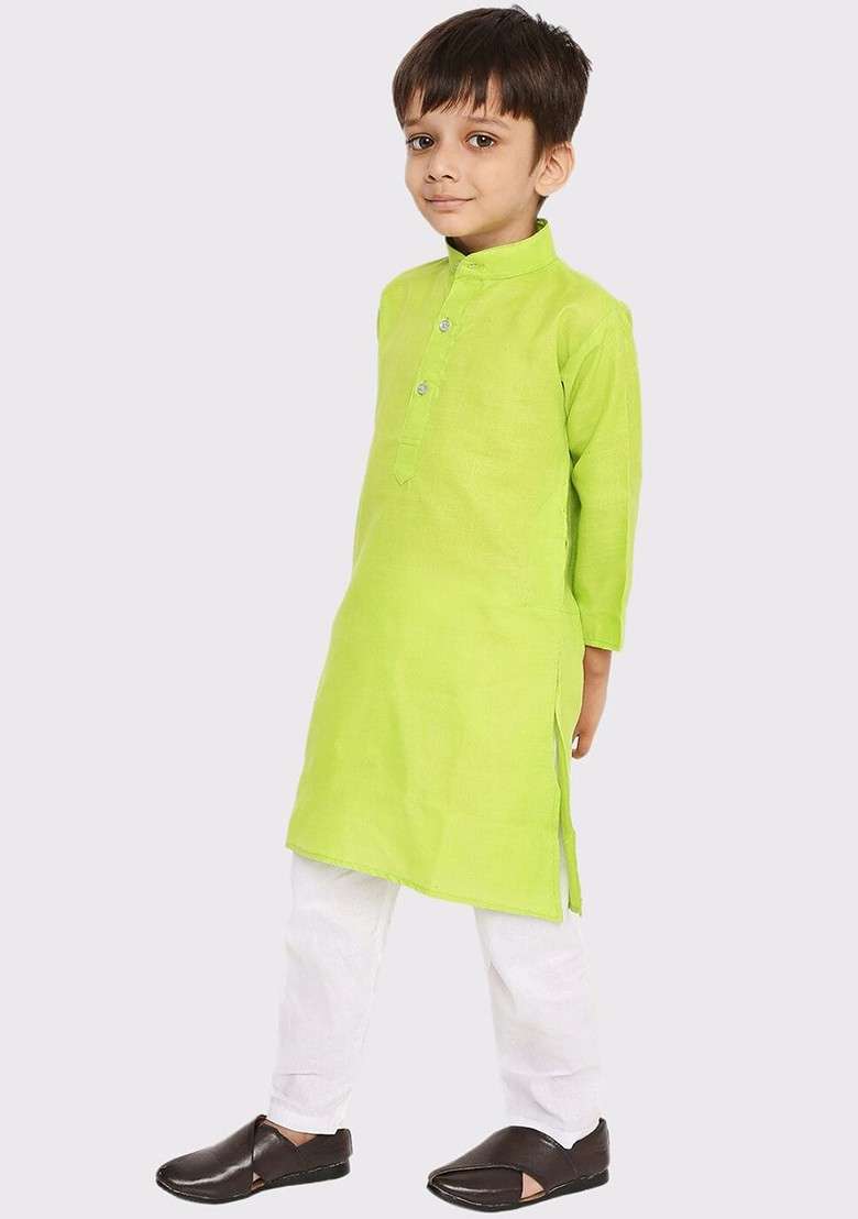 Fluorescent Green Embroidered Blended Kurta Set For Boys - Indya