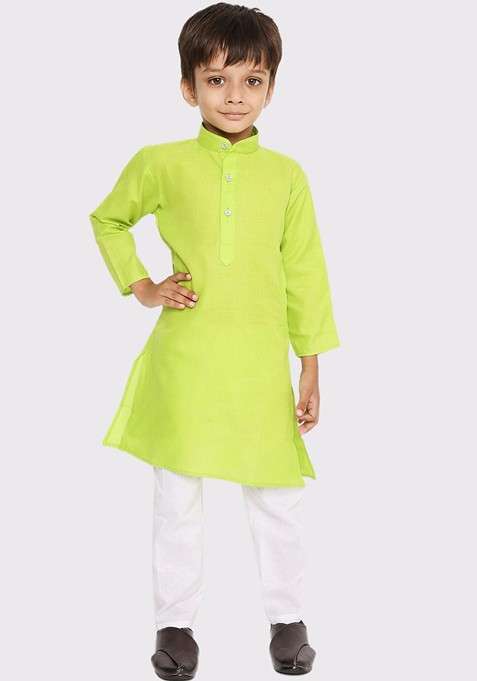 Fluorescent Green Embroidered Blended Kurta Set For Boys