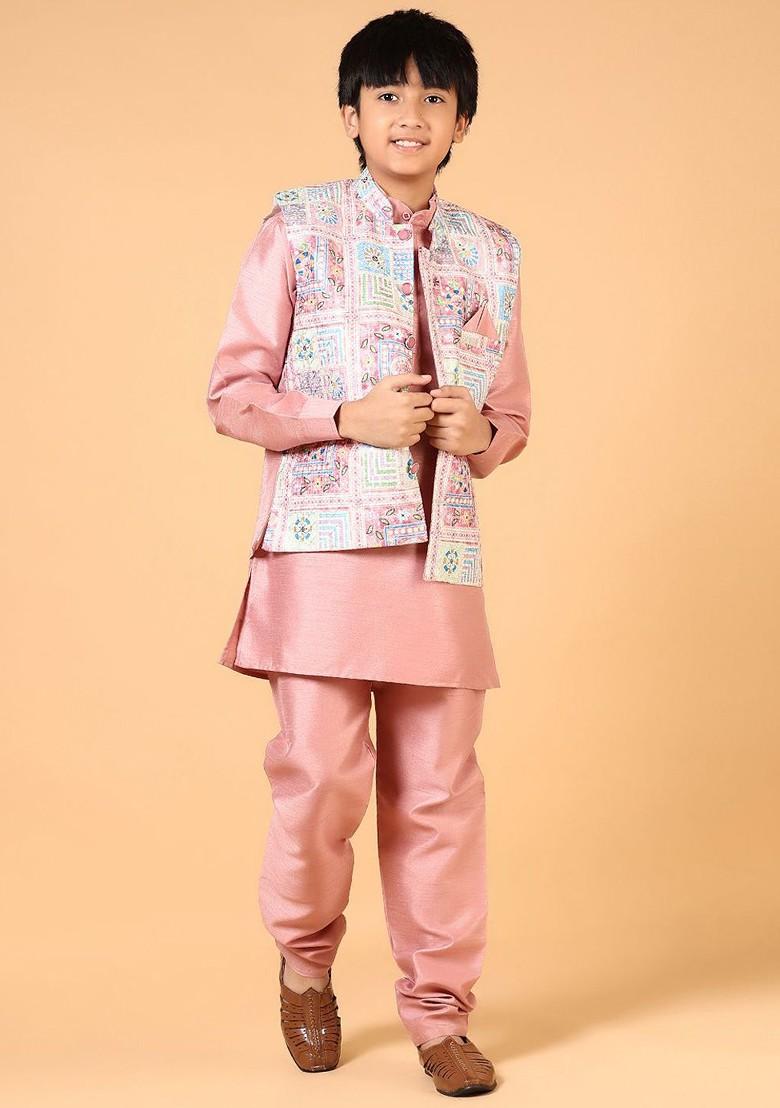Mauve Embroidered Cotton Nehru Jacket Set For Boys - Indya