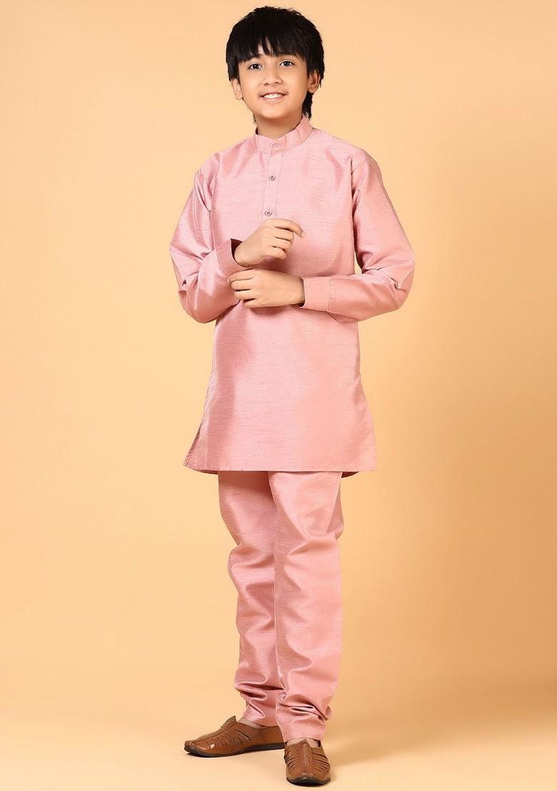Mauve Embroidered Cotton Nehru Jacket Set For Boys - Indya