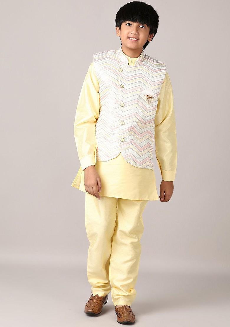 Yellow Embroidered Cotton Nehru Jacket Set For Boys - Indya