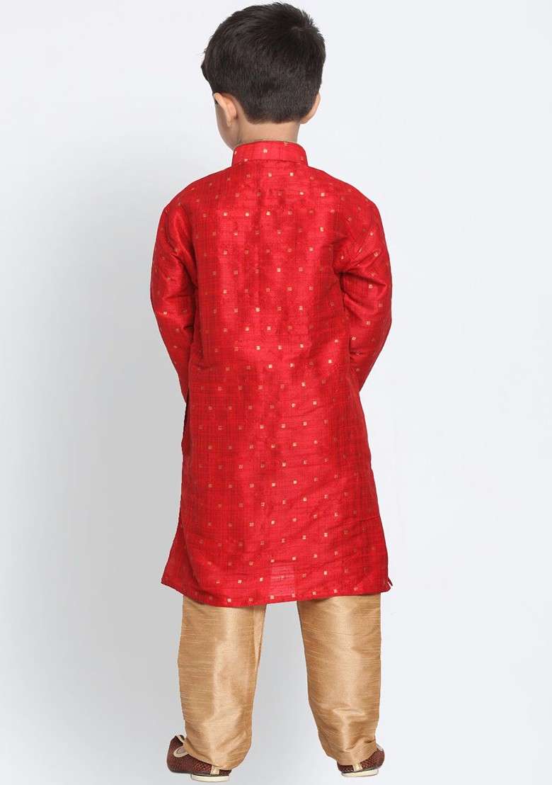 Maroon Woven Design Blended Kurta Set For Boys - Indya