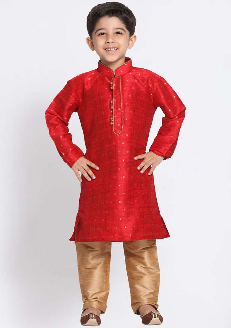 Maroon Woven Design Blended Kurta Set For Boys - Indya