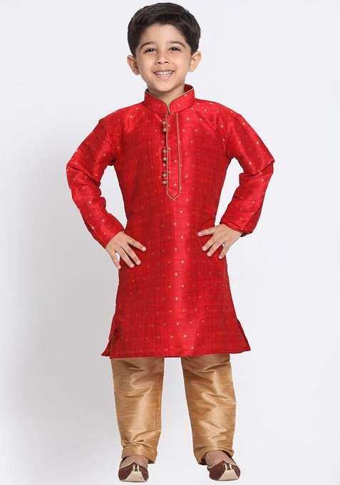 Maroon Woven Design Blended Kurta Set For Boys