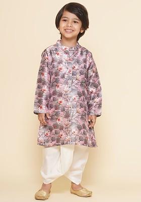 Grey Printed Blended Kurta Dhoti Set For Boys