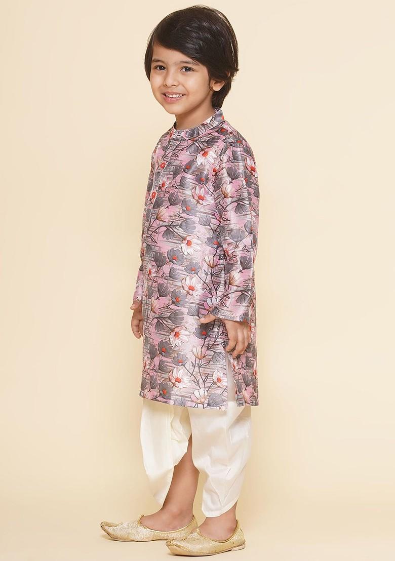 Grey Printed Blended Kurta Dhoti Set For Boys - Indya