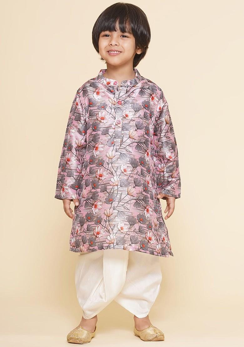 Grey Printed Blended Kurta Dhoti Set For Boys - Indya
