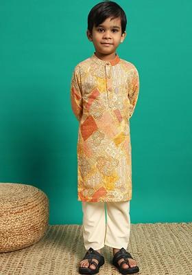 Mustard Printed Cotton Kurta Set For Boys