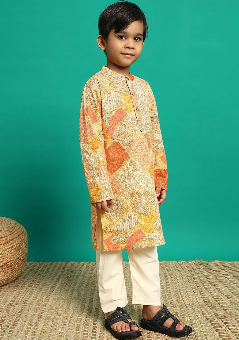 Mustard Printed Cotton Kurta Set For Boys - Indya