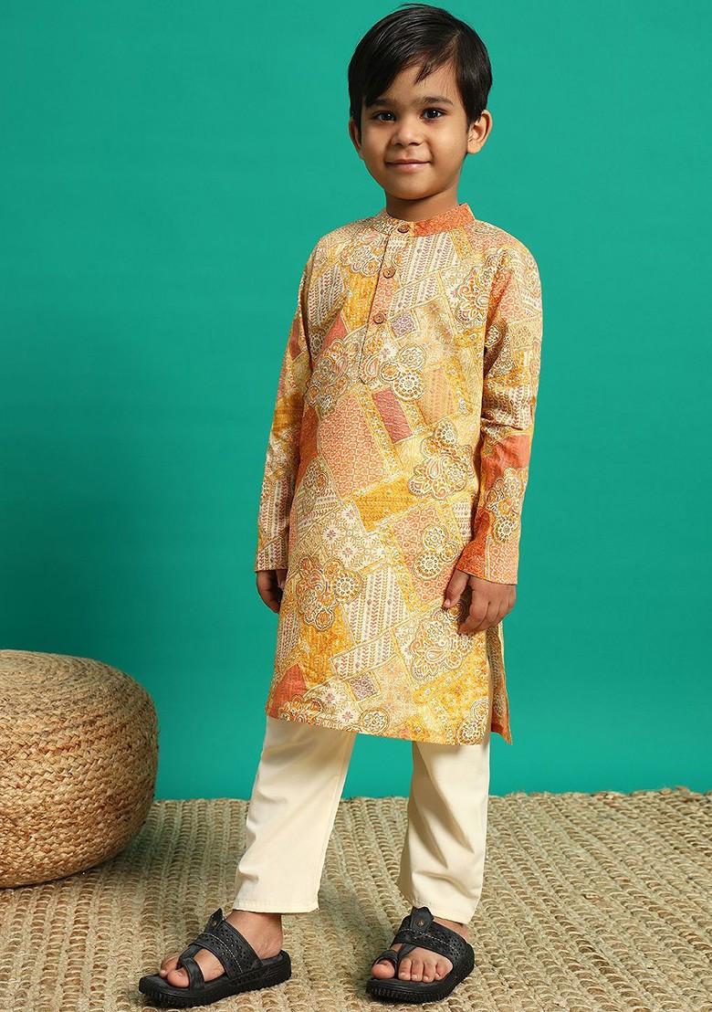Mustard Printed Cotton Kurta Set For Boys - Indya