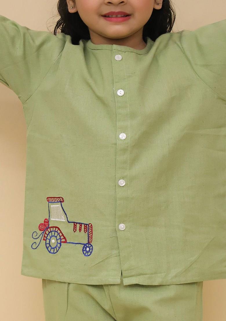 Green Thread Work Blended Kurta Set For Boys - Indya