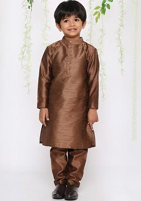 Brown Woven Design Blended Kurta Set For Boys