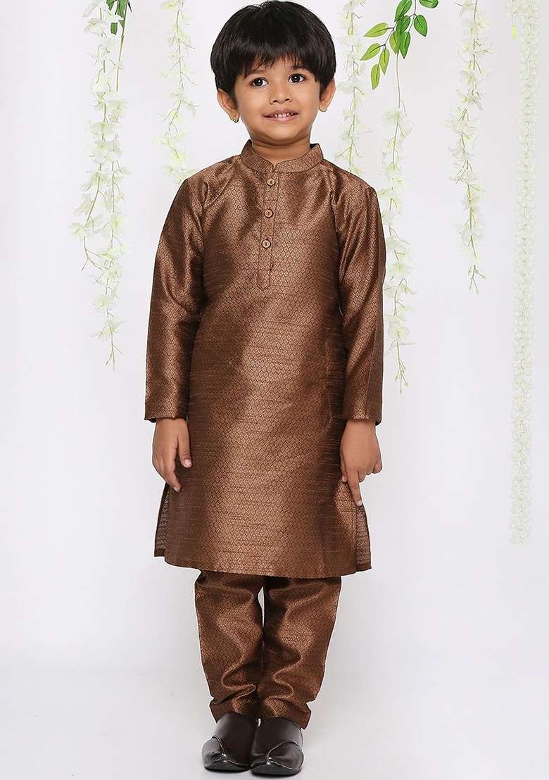 Brown Woven Design Blended Kurta Set For Boys - Indya