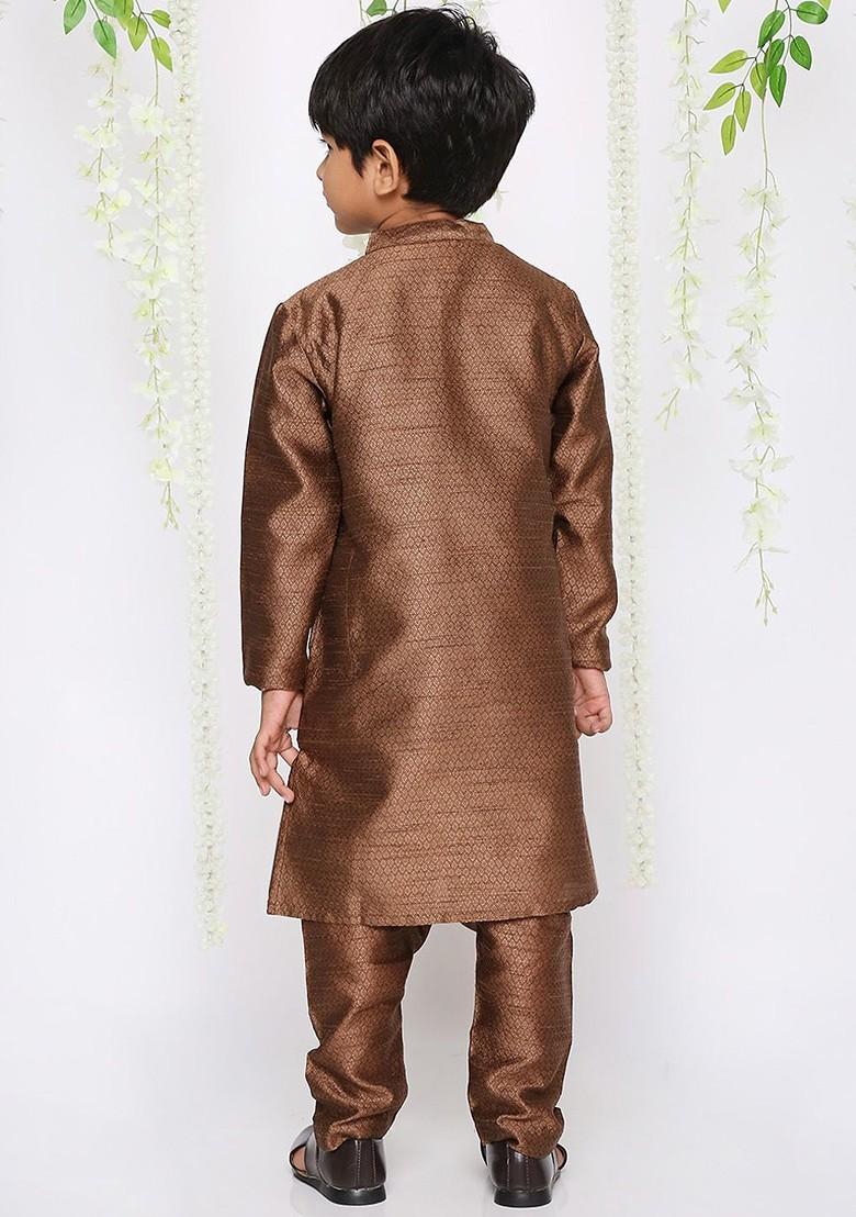 Brown Woven Design Blended Kurta Set For Boys - Indya