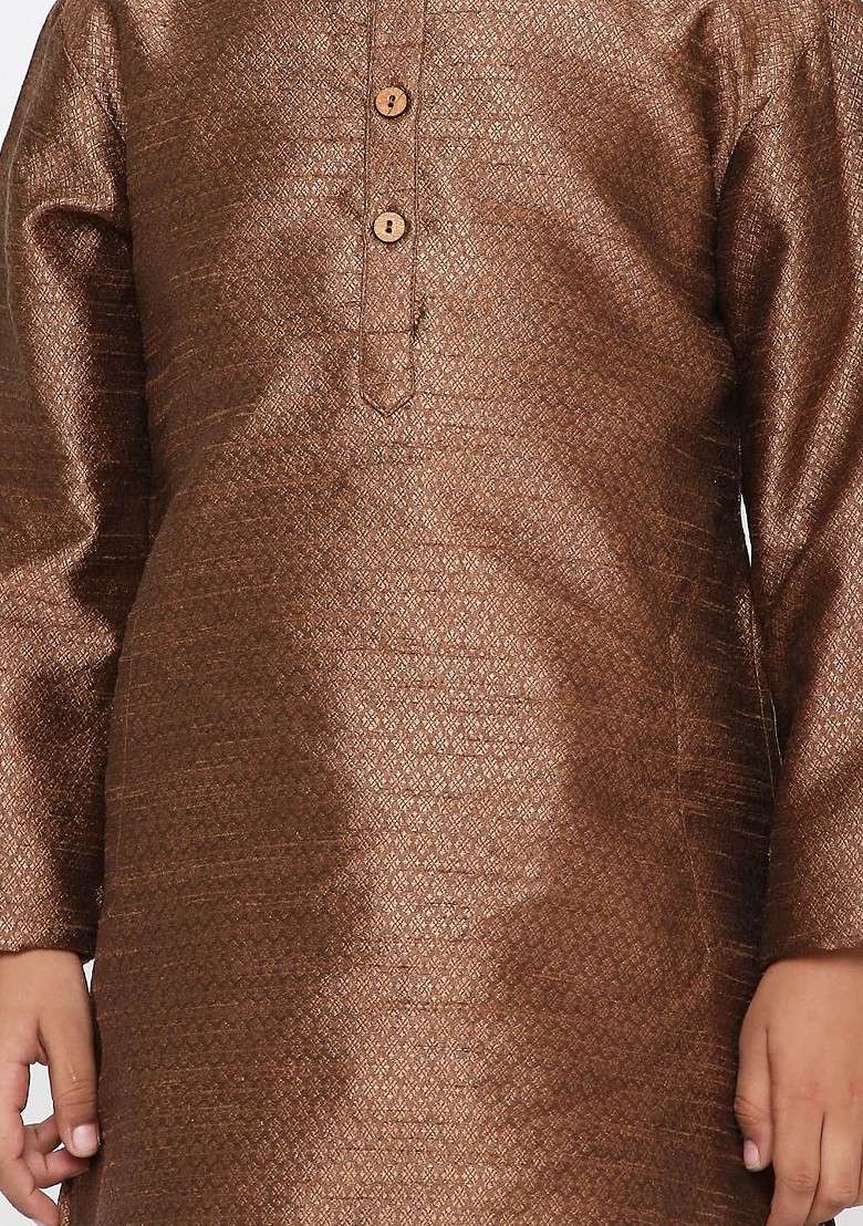 Brown Woven Design Blended Kurta Set For Boys - Indya