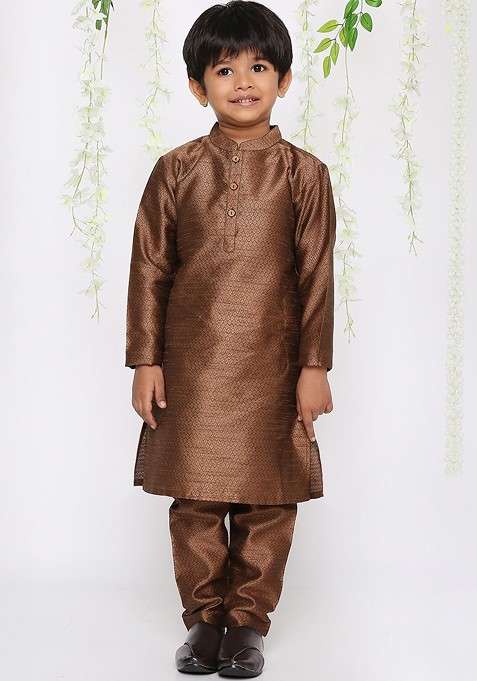 Brown Woven Design Blended Kurta Set For Boys