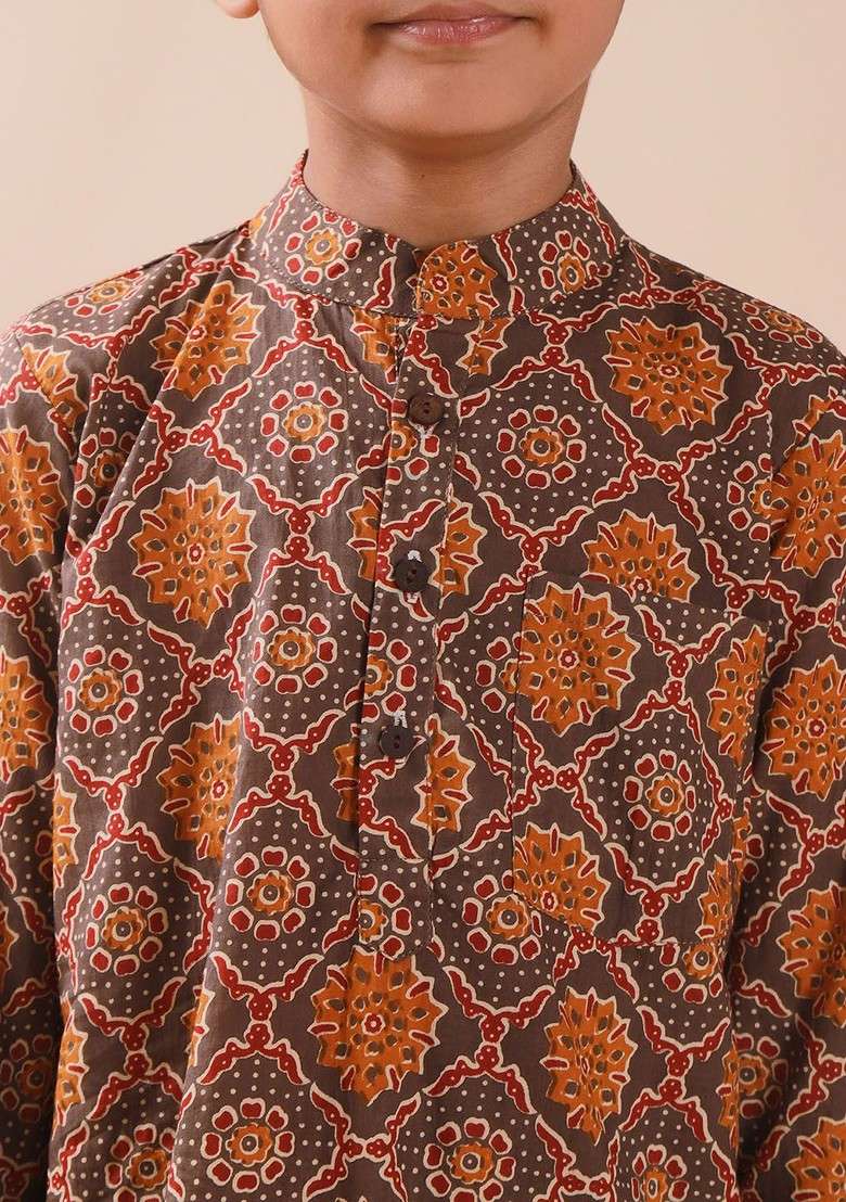 Grey Printed Cotton Kurta Set For Boys - Indya